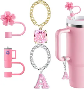 Straw Cover for Cup Accessories - Unique Crystal Letter Charms for Cups, Cute Flower & Cup Silicone Straws Topper Covers for 30 & 40 0z Tumbler with Handle, 10mm 0.4in Straw Lid Cap