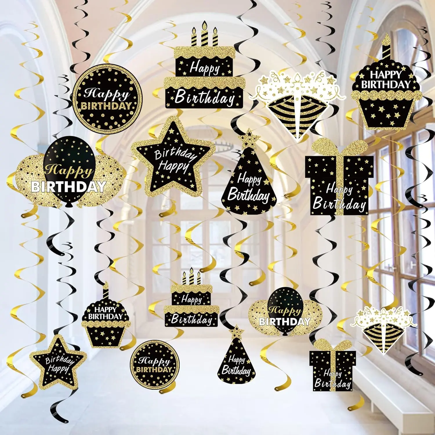 Black  Birthday Hanging Swirls Decorations for Mens Women, 16 count Happy Birthday Foil Swirl Party Supplies, 10th 16th 21st 30th 40th 50th 60th Bday Ceiling Swirl Decor
