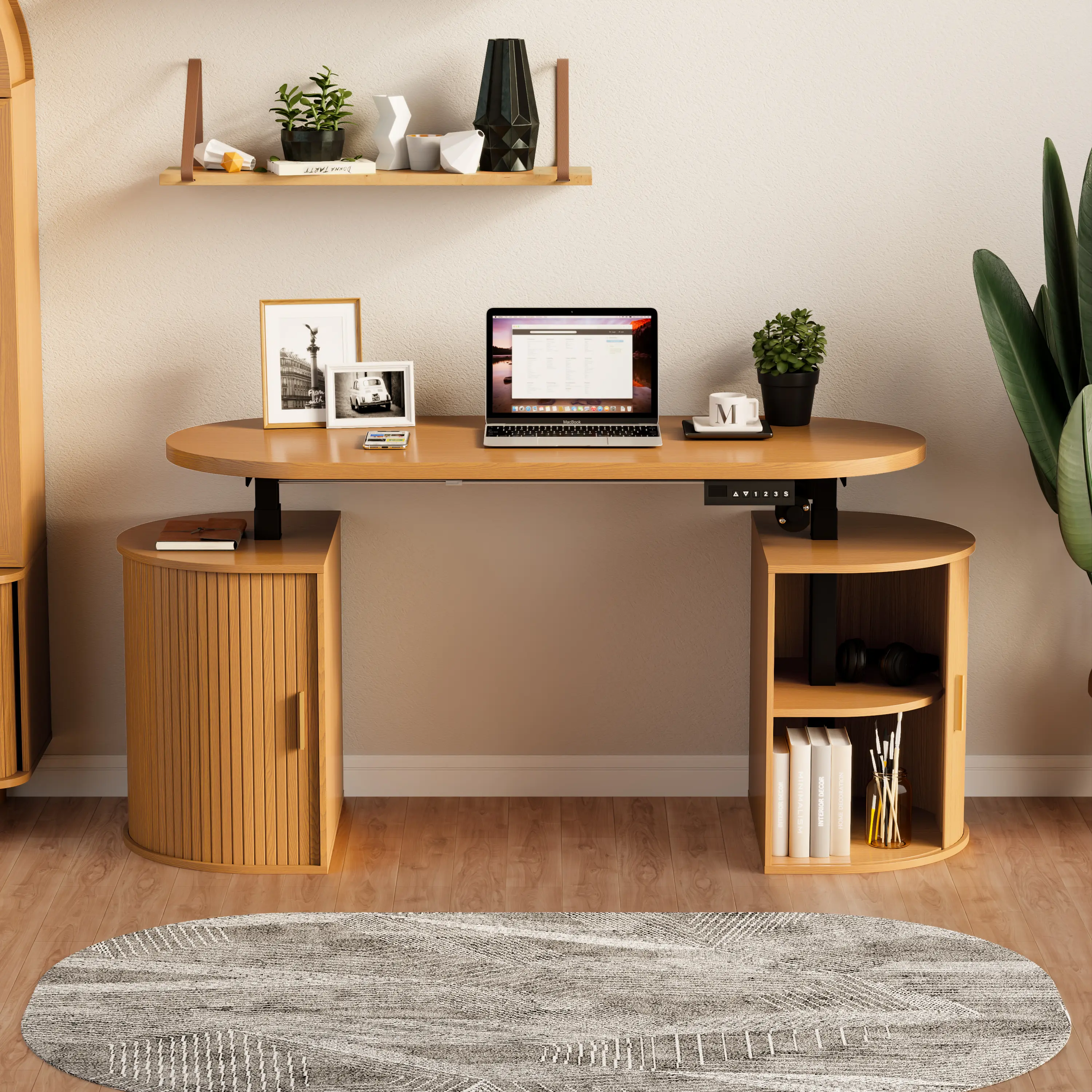 【Standing Desk】55" Ergonomic Rising Electric Sit-Stand Study Computer Desk - Modern Office Furniture with Storage Cabinets, 3 Memory Presets, Quiet Motor, Fluted Tambour Sliding Doors for Home Office, Study Desk, Ergonomic Rising Desks