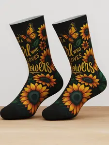 1 Pair Unisex Sunflower & Butterfly Printed Socks, Bamboo Fiber Mid-Calf Socks, Warm Floral Style Christmas Gift, Comfortable Breathable Personalized Socks