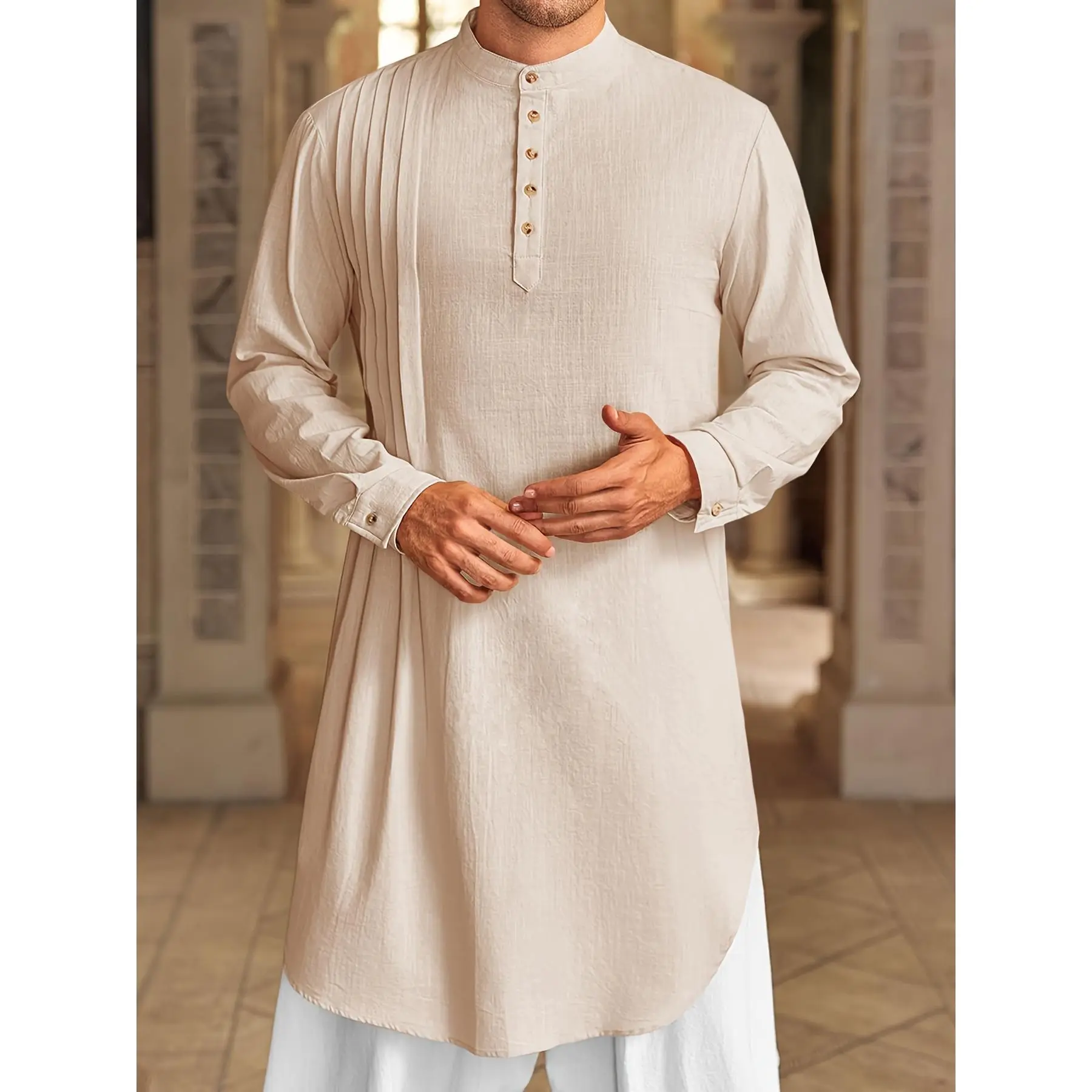 Men's Vintage Green Kaftan Thobe - Elegant Stand Collar Long Sleeve Muslim Gown with Chest Pocket, Smooth Texture Fabric, Machine Washable Arabic Robe for Spring/Fall, Casual & Semi-Formal Wear, Kurta Style Traditional Outfit