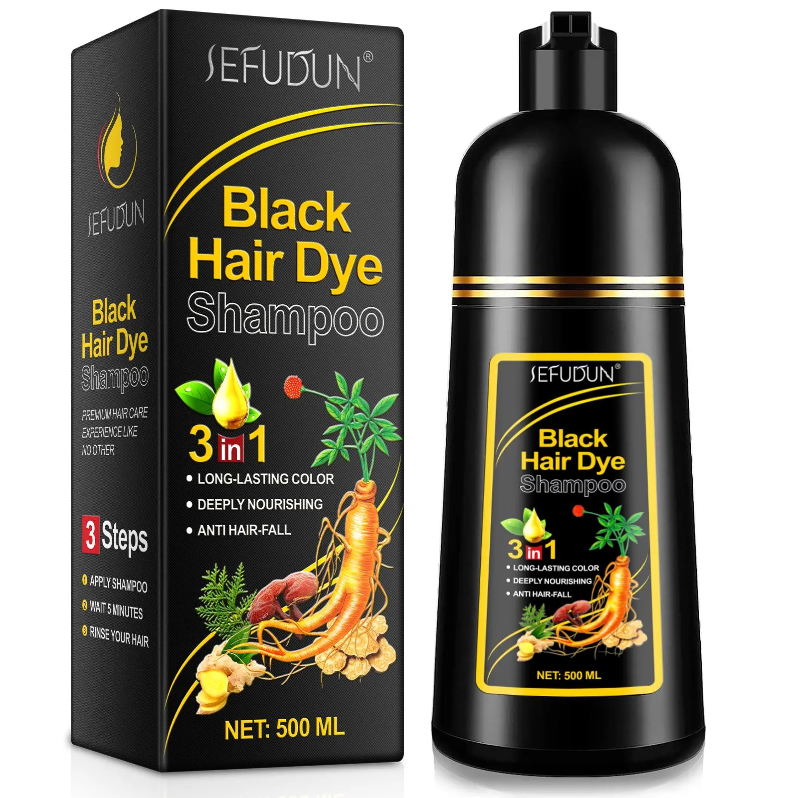 Sefudun 500ML 3in1 Hair Dye Shampoo, Hair Color Shampoo, Hair Darkening Shampoo, Covers Hair, Herbal Ingredients, No Damage to Scalp and Hair, Salon Quality at Home