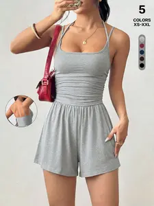 Women's Jersey Cami Halter Beach Playsuit - Adjustable Cross-Strap, Backless, Ruched Waist, Wide-Leg Jumpsuit, Square Neck, Shapewear (XS-XXL) | Festival Loungewear Onesie