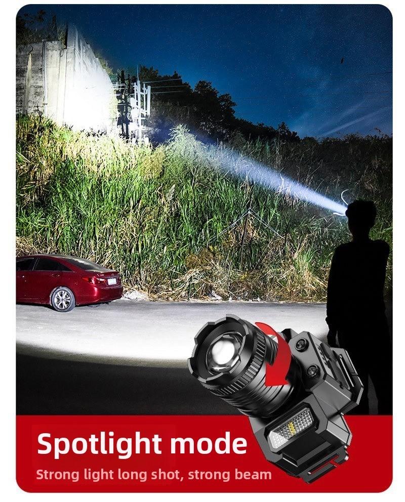 Rechargeable LED Motion Sensor Headlamp - 120000LM Zoomable, Adjustable Beam, Waterproof Head Torch with Red-Blue Warning Flash for Fishing, Hiking