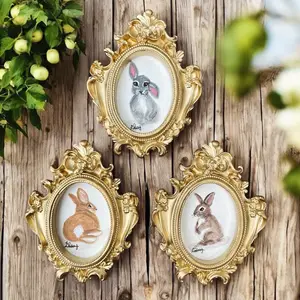Mini Vintage Style Frames with Hand-Painted Bunny Paintings - Pet Portrait Gallery Wall Art Decor Hanging Oval Hangable Decoration Gifts Leaf Metal