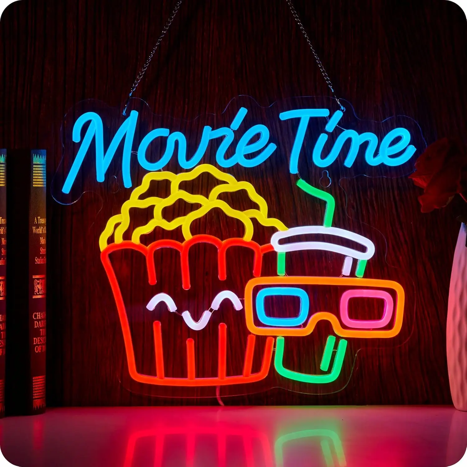 Handmade Movie Time Popcorn Cinema LED Neon Sign - USB-Powered Acrylic Board Party Light with Steel Hanging Chain, Silicon Strip Low Voltage Lighting Decoration with Long Life Cycle for Wall Decoration & Watch Party Mood Lighting, Kids