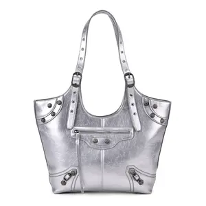 Fashion Forward Faux Leather Rivet Tote Bag with Top Double Handle