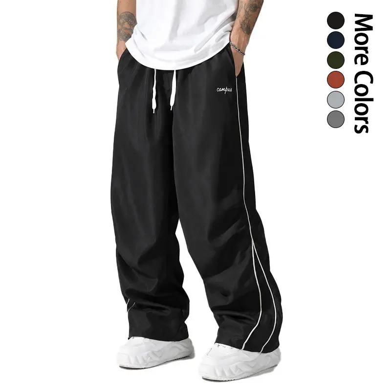 Men’s athletic pants with white side stripes and embroidery; casual fitness wear; sports set; casual athletic pants; athleisure tracksuit set; drawstring straight-leg pants; sportswear Baggy Wide Sweatpants