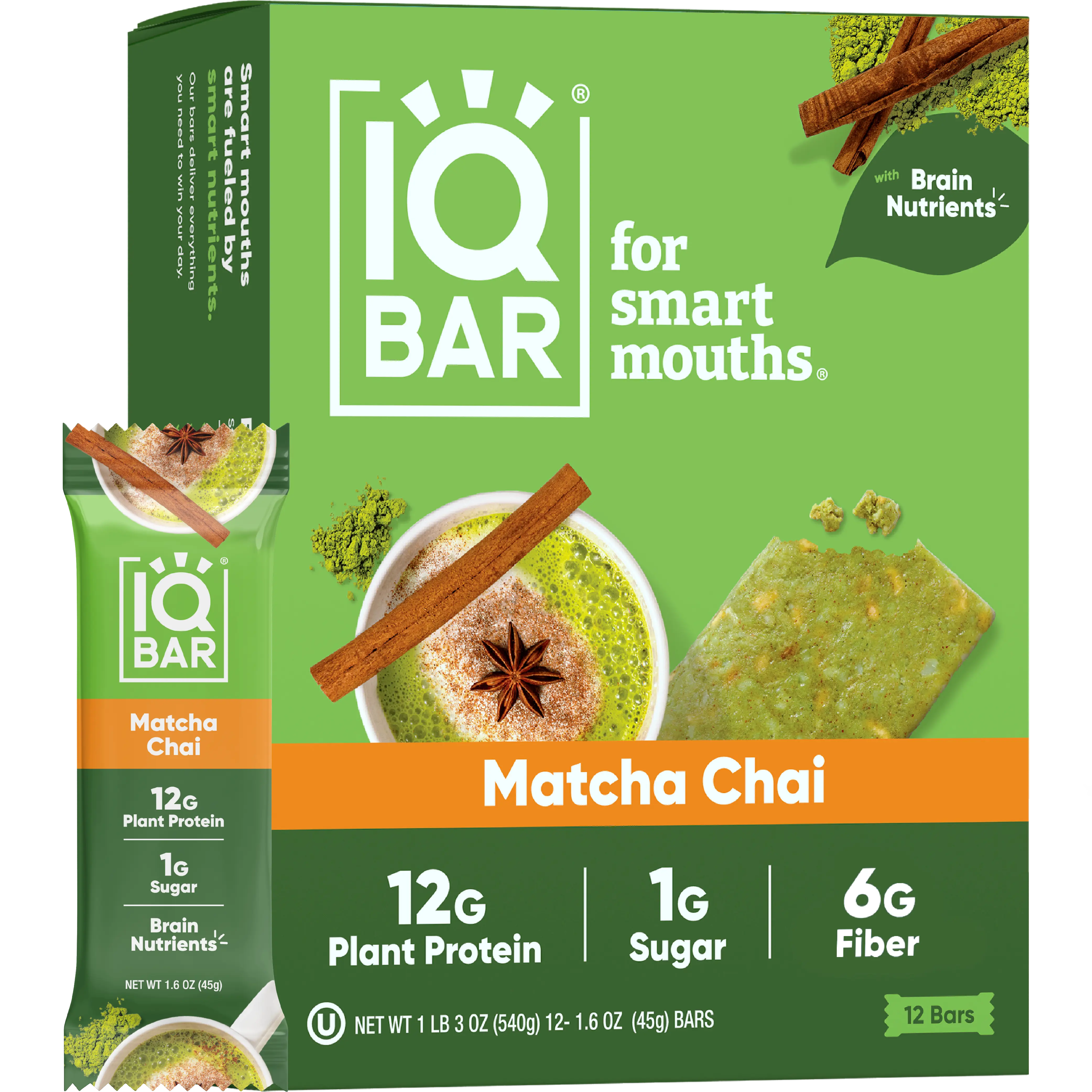 IQBAR Matcha Chai (12 Bars) - Brain and Body Plant Protein Bars - Low Carb, High Fiber, Gluten Free, Healthy Vegan Snacks - Low Sugar Keto Bar Pack
