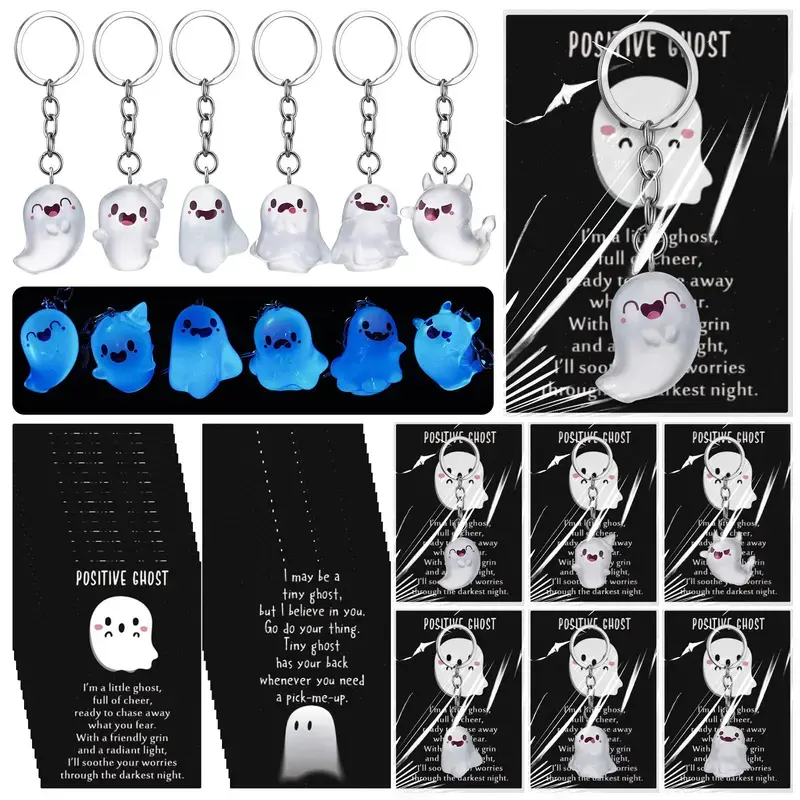 Ghost Keychain - Glow in the Dark Resin Mini Ghost Keyring with Positive Card, Spooky Luminous Bag Charm for Backpack, Purse & Car Keys, Cute Halloween Gift for Kids, Friends & Teens