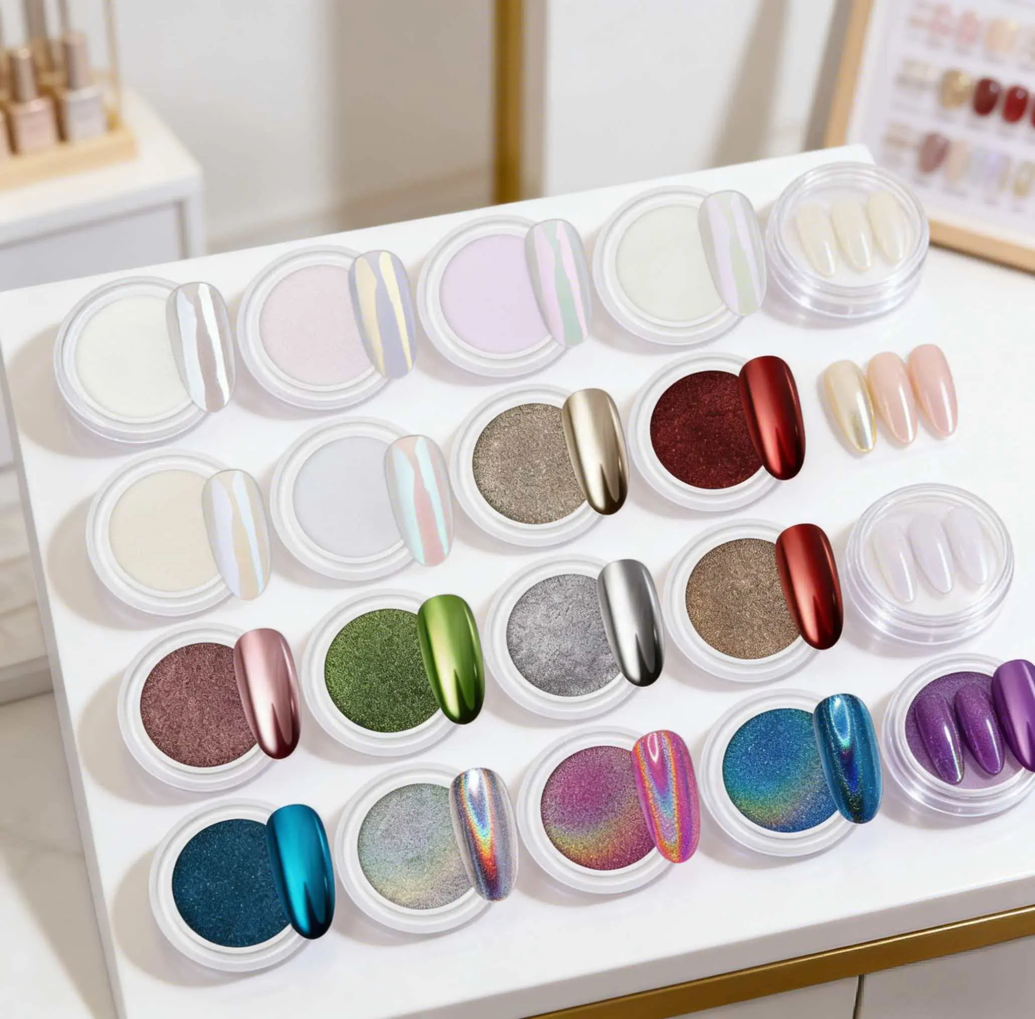 16-Jar Mermaid Nail Powder Multi-Pack - Iris Aura Mica Pigment Powder, Reflective Silver Chrome Mirror Effect, Pearl Nail Art Decoration Accessory