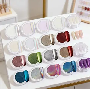 Iridescent Aurora Mermaid Nail Powder 16 Jars, Silver Chrome Mirror Effect Pearl Pigment for Nail Art