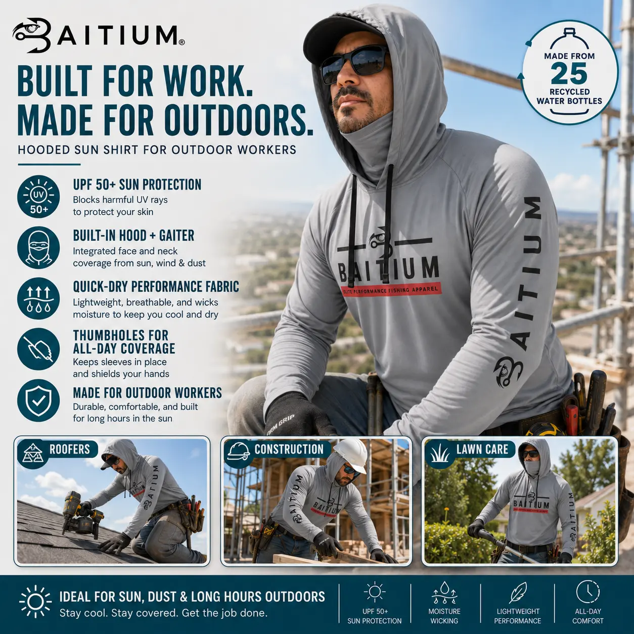 Baitium Fishing and Construction Shirts - Hooded UPF 50 Long Sleeve with Gaiter - Lightweight, Breathable, Moisture-Wicking, Premium Outdoor Wear for Men