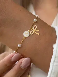 Women's Elegant Shell Letter Pendant Bracelet, Bow Design, Stainless Steel Chain, All Seasons Jewelry Gift, Exquisite Pretty Bracelet