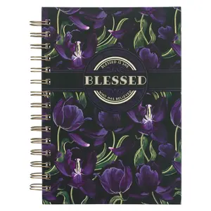 Christian Art Gifts Journal W/Scripture Floral Blessed Luke 1:45 Bible Verse Black Purple 192 Ruled Pages, Large Hardcover Notebook, Wire Bound Christian Art Gifts