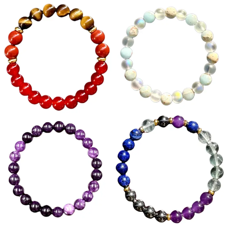 4pc Bohemian Elegance Natural Crystal Stretch Bracelet Set - Handcrafted Bead, Stackable, Energy, Healing Crystal Jewelry, Unisex Fit for Comfort, Spiritual Development, Calmness, Clarity, Bead Bracelets, Stackable Bracelets