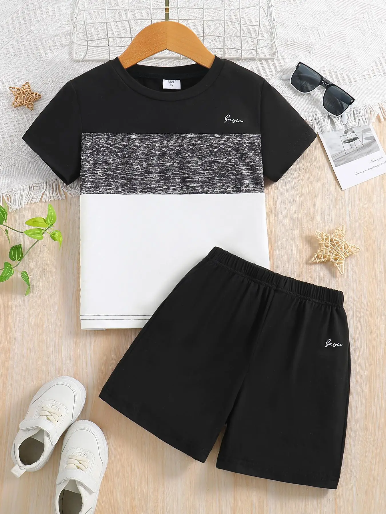 Toddler Boy's Letter Print Patchwork Short Sleeve T-shirt Tee & Elastic Waist Shorts Set, Casual Summer Outfits Clothes for Kids Outdoor Holiday, Goin