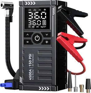 Car Battery Jump Starter with Air Compressor - 4500A 150PSI Portable Car Jump Starters (All Gas/10L Diesel) with Tire Inflator, 12V Car Battery Jump Box with Jumper Cables, LCD Display, LED Light