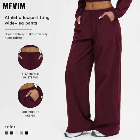 MFVIM Women's Wide-Leg Sports Pants - Yoga Casual, Street Fashion Styles, Elastane 5%, Loose-Fitting, Stylish, Ideal for Everyday Wear, Back to School, Do Not Dry Clean