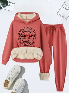 Women's 2 Piece Casual Sportswear Set, Fleece Lined Hoodie and Sweatpants, Christmas Print, Comfortable Fashion, Winter Wear