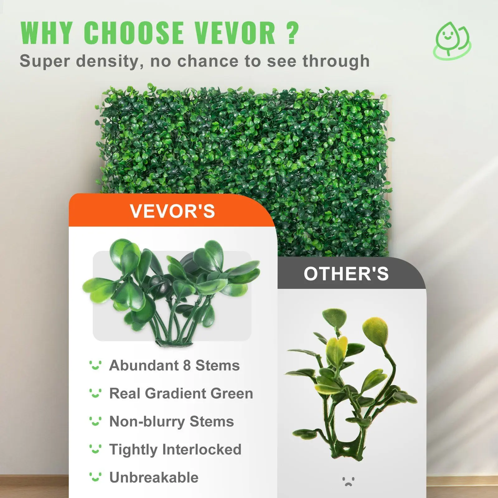 VEVOR 12PCS 10x10in Durable Synthetic Plastic Artificial Hedges - UV-Protected PE Grass Privacy Screen, Photorealism Decorative Plants, Privacy Wall for Indoor Bedroom/Study, Outdoor Backyard