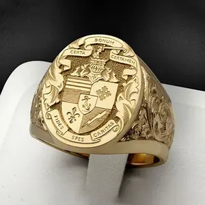 Vintage European & American Crown Lion Shield Badge Ring - Yellow Golden Royal Seal Men's Ring with Intricate Heraldic Design, Lion & Fleur-de-Lis Motifs, Durable Symbolic Jewelry for Men simple rhinestone