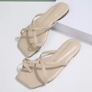 Women's Sandals Summer Vacation Beach Cute Square Toe Flat Slippers Strappy Toe Ring Thong Slide Sandal Slip on Flip Flops Shoes