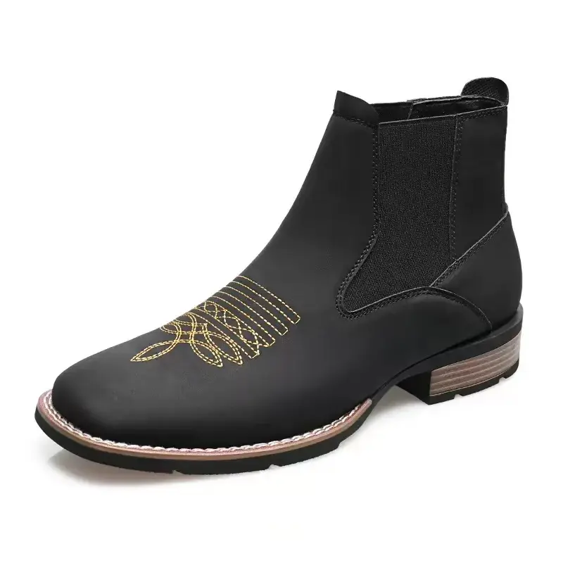 Men's Black Chelsea Boots, Hand-Embroidered Slip-On Ankle Shoe for Versatile Outdoor and Casual Wear  Walking Shoe