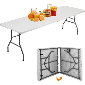 Karlhome 8ft Plastic Folding Table, Indoor Outdoor Heavy Duty Portable w/Handle, Lock for Picnic, Party, Pong, Camping - White