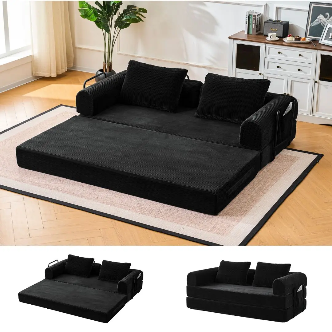 79”Convertible Sleeper Sofa Bed, Supportive High-Density Foam Loveseat Sleeper Couch with 2 Oversized Pillows, 5-in-1 Modular Corduroy Floor Futon Folding 2 Adults Bed Floor Mattress for Small Spaces, Washable Cover, No Assembly Combination Sofa Bed
