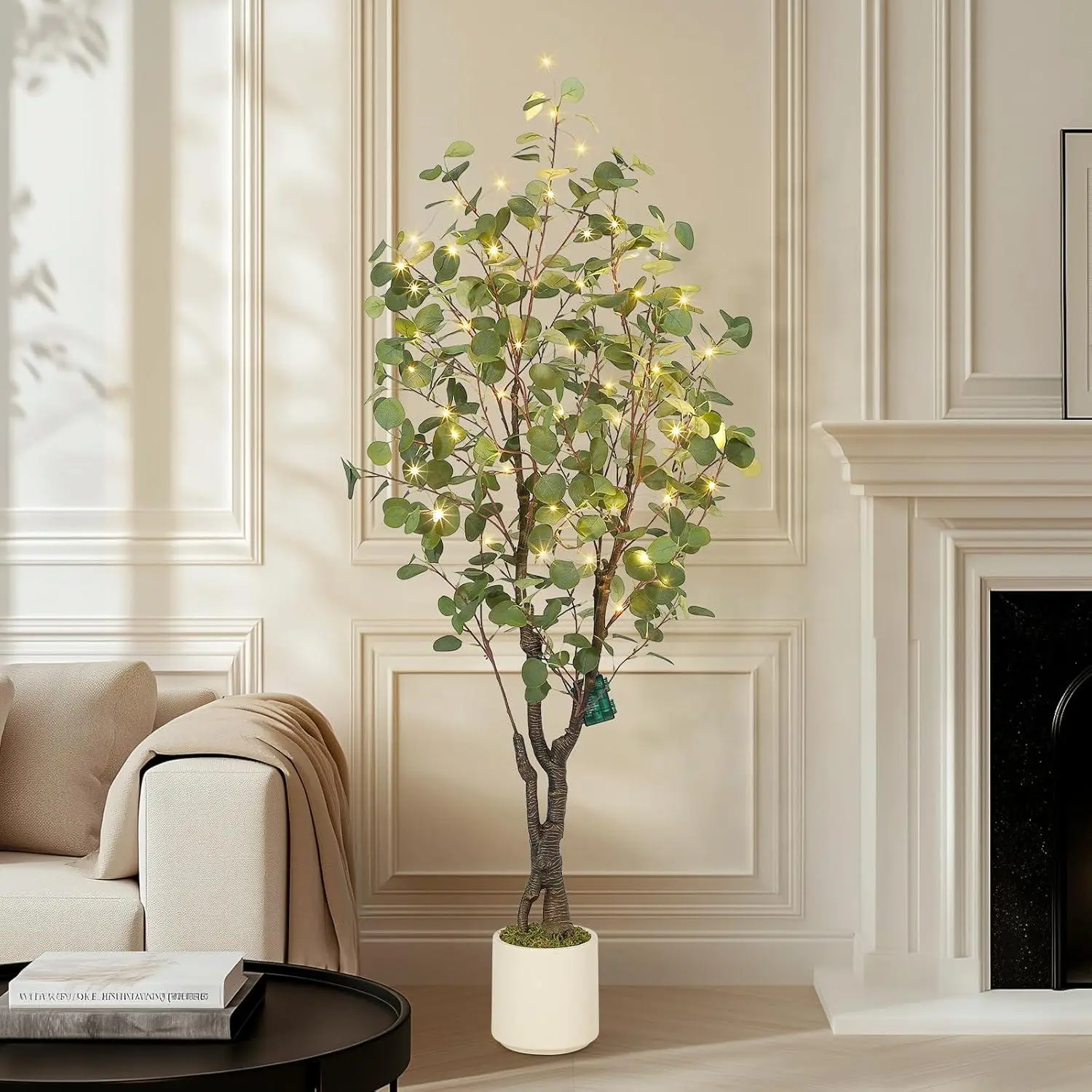 Artificial Eucalyptus Tree Indoor-5ft Tall Fake Artificial Plant with White Planter-Large Faux Floor Plant Fake Silk Trees with 50 Lights Artificial Trees for Home Decor Indoor Decorative Fruit Plastic Pot Ornaments
