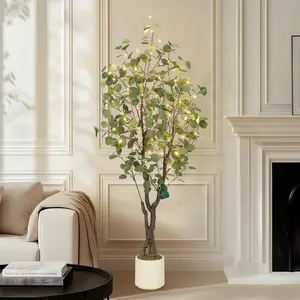 Artificial Eucalyptus Tree Indoor-5ft Tall Fake Artificial Plant with White Planter-Large Faux Floor Plant Fake Silk Trees with 50 Lights Artificial Trees for Home Decor Indoor Decorative Fruit Plastic Pot Ornaments