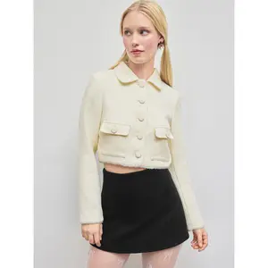 Cider [size 2-10] Tweed Collar Solid Button Pocket Crop Jacket