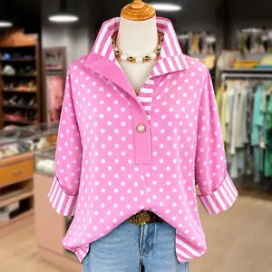 Cherrybetty Mixed Polka Dot Print Striped Collar Three Quater Sleeve Blouse Outfit Inspo Sweety Comfort Outfits Spring Summer Fashion Going Out Tops