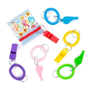 Purim Whistle Expandable Keychains with Card - 12 Pc.