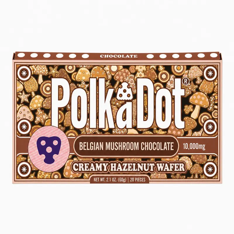 Polkadot Belgian Chocolate, Creamy Hazelnut Wafer, 20 Count, High Potency Plant-based Mushroom Snack, 100% Organic, High-Quality Ingredients, Made in USA, All Natural, Healthy Chocolate, 20 Piece Chocolate Bar