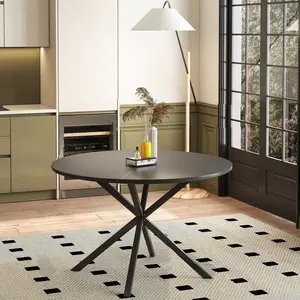 【GOOGREAT】47.24'' Modern Cross Leg Round Dining Table, Black Top Occasional Table, Two Piece Removable Top, Matte Finish Iron Legs
