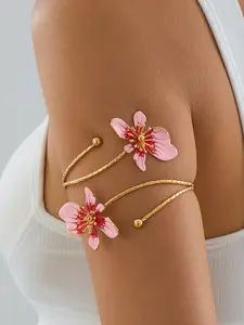 1pc Iron Alloy Double-Head Enamel Glazed Floral Open Bangle, Minimalist And Elegant Design, Suitable For Mother's Day Gift, Parties, Weddings, Daily Wear, Elegant Jewelry Bracelet
