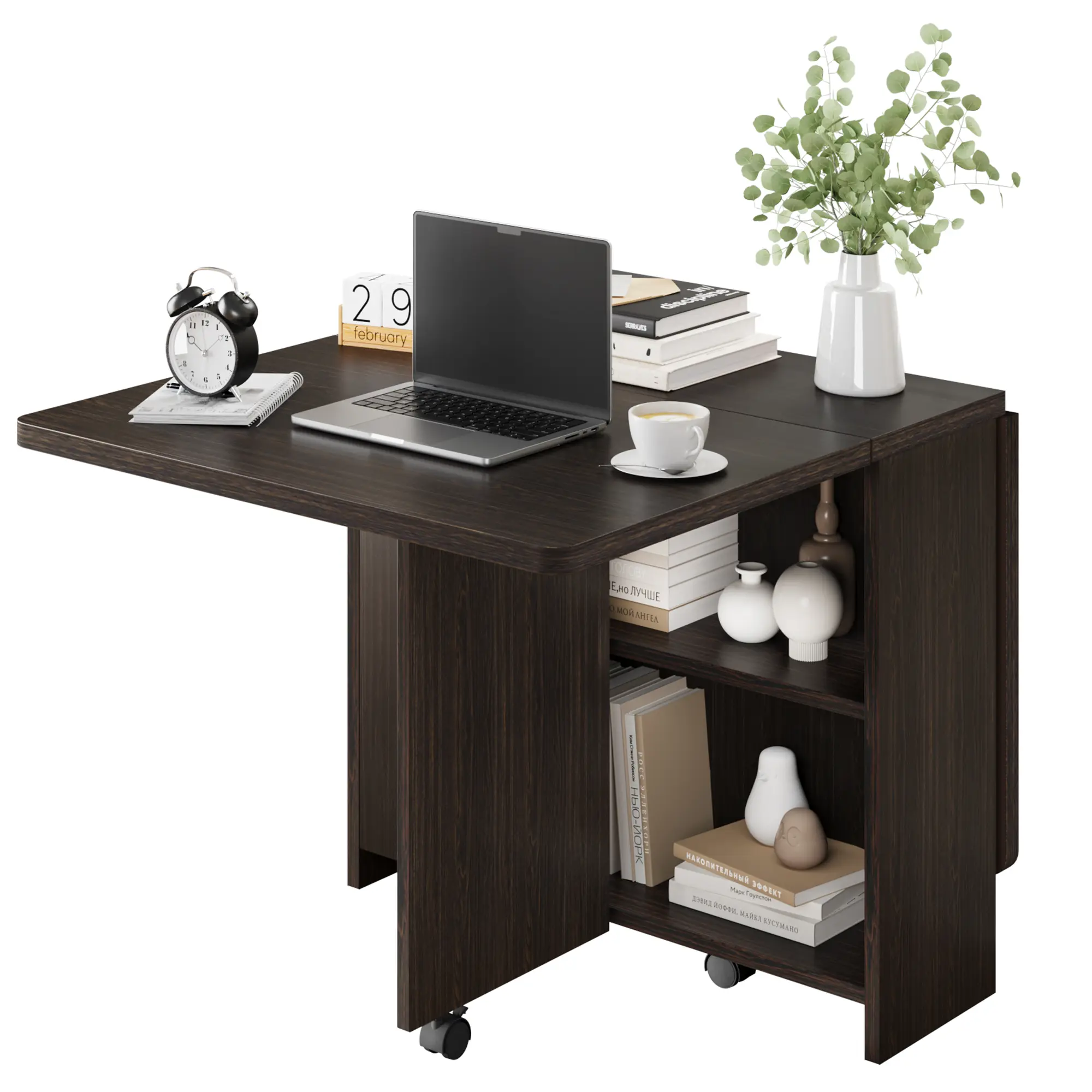 Garvee Space-Saving Folding Drop Leaf Dining Table – 2-Tier Storage Shelf, 6 Lockable Wheels, Multipurpose Expandable Desk for 4 – Modern Kitchen & Dining Table for Small Apartments – Dark Walnut, 47.2" x 23.6" x 29.5"