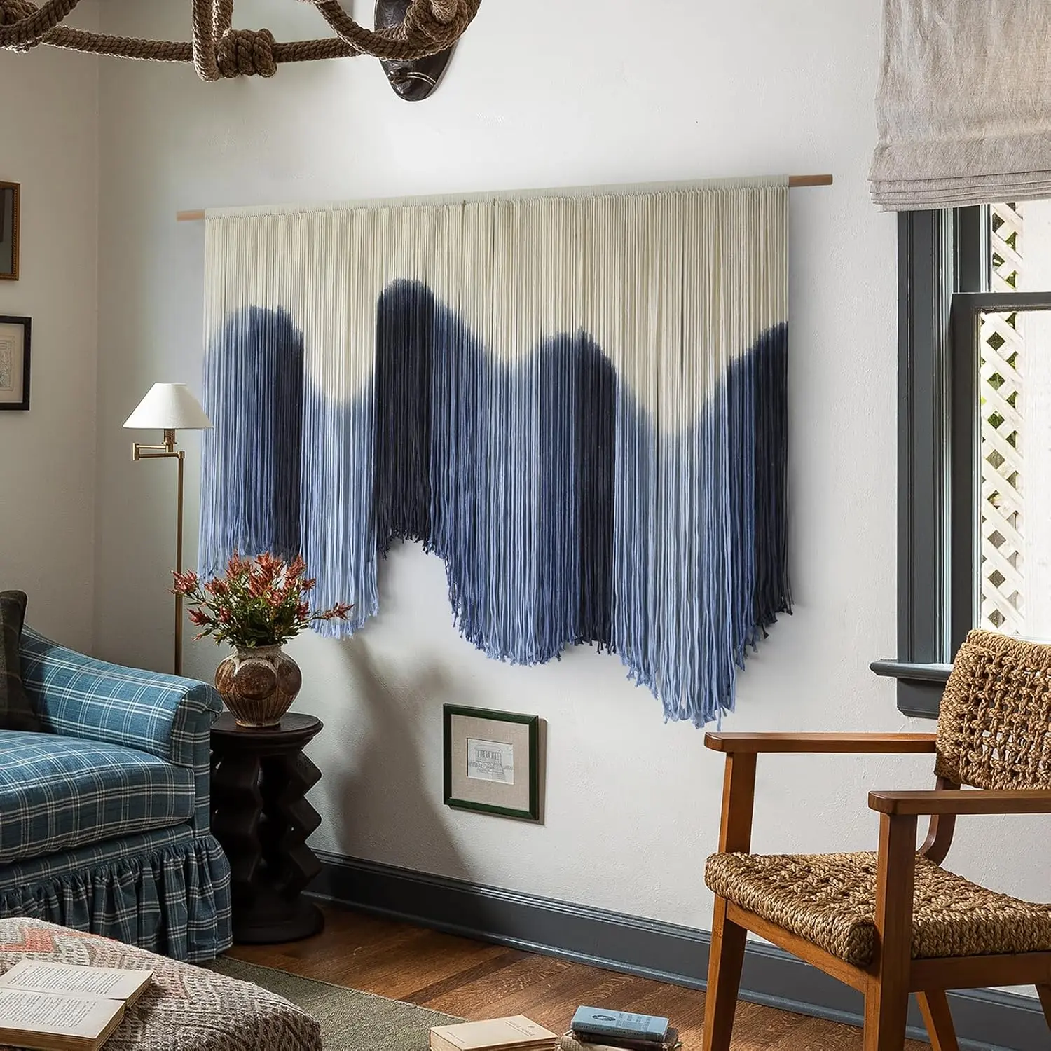 IOWER Large Blue Dip Dyed Macrame Wall Hanging, Handmade Boho Fiber Art Tapestry for Living Room and Bedroom, 57 x 39 Inch