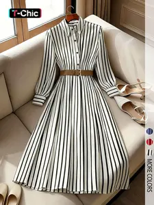 Casual Striped Women's Long Sleeve Dress, French Vintage Elegant Chic Style, Button and Belt, New Striped Shirt Dress, Fitted, Party Gown, Spring Dress, No Belt Accessory, Womenswear, Elegance
