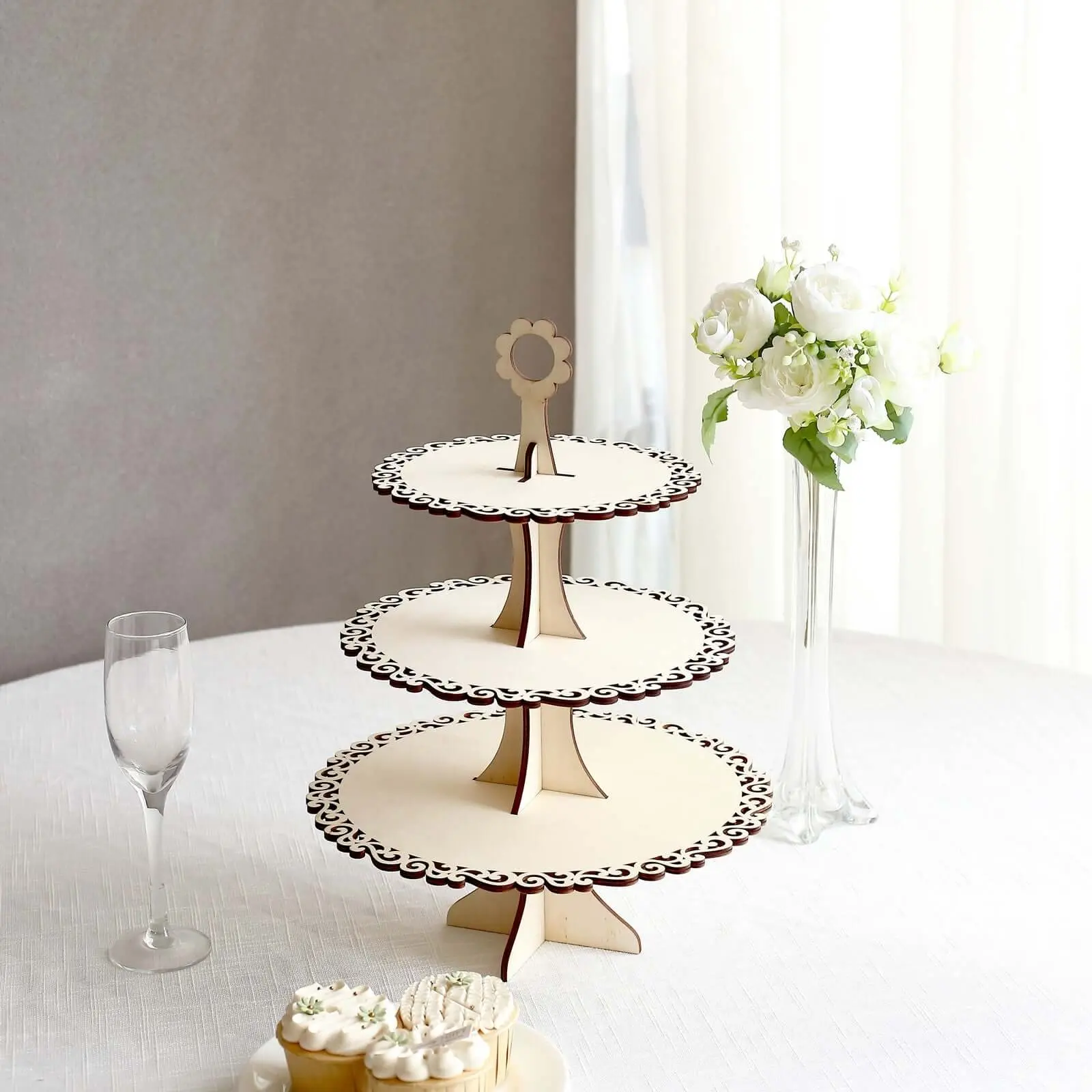 3-Tier Wooden Flower-Edged Cupcake Stand, 16 inches Natural Rustic Round Dessert Display, Home & Party Birthday Decor Table Centerpiece for Wedding, Anniversary Supplies