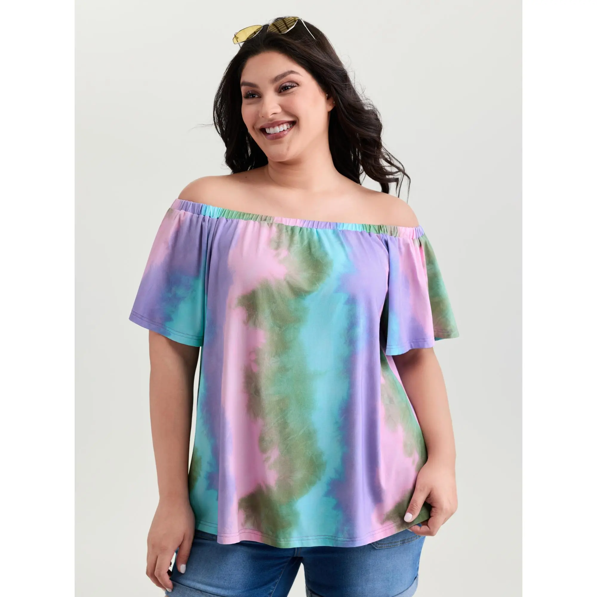 BloomChic Plus-Size Playful Tie-Dye Print 1-Shoulder Fitted Blouse, Ruffle Shortsleeve in Stretch Rayon Blend Fabric, Garment, Crop Top, Ruffled Cuffs, Casual, Off-Shoulder, Cute, Do Not Tumble Dry, Machine Wash, Medium Stretch, 14-16/1X