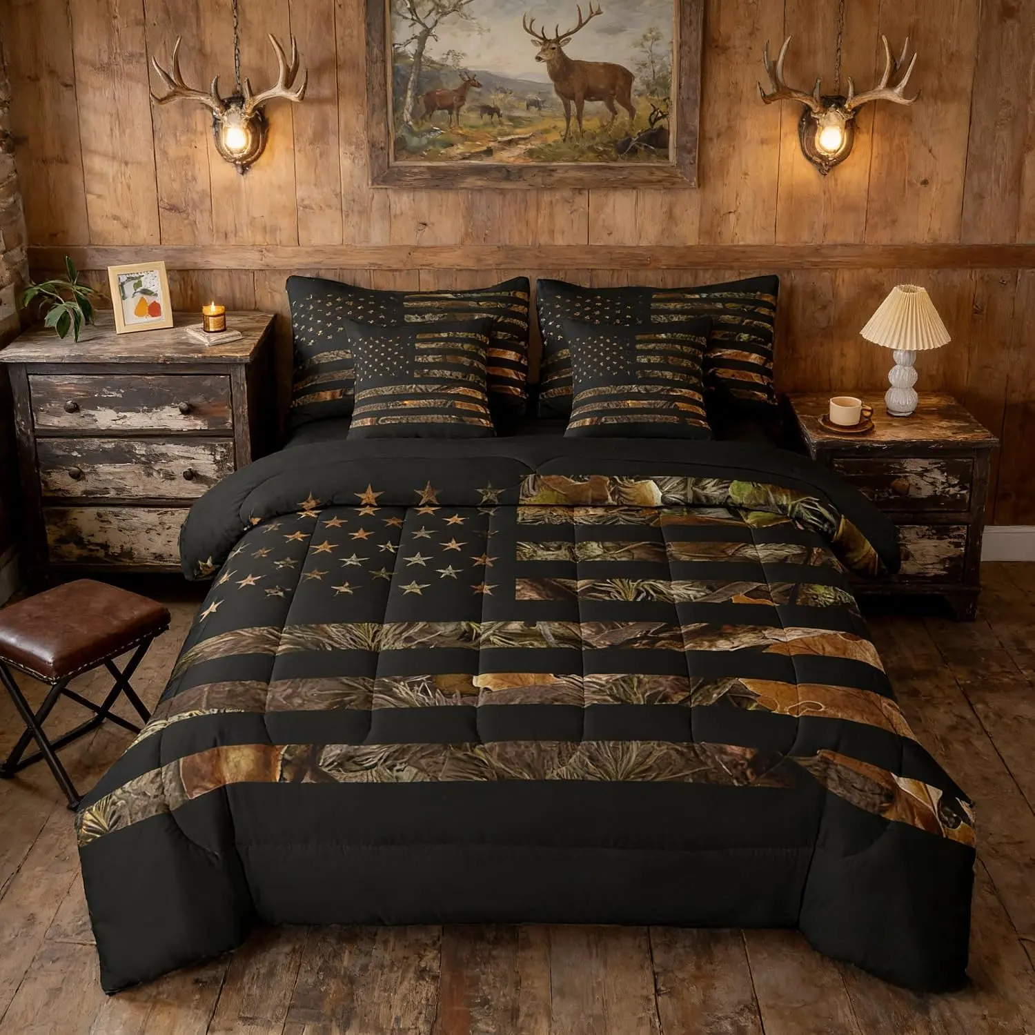 Feelyou 7-Piece Ultra-Soft Breathable Microfiber Camo Bedding Set - Bed in A Bag, Queen/Full Rustic Farmhouse Cabin Comforter with American Flag Camo Print Duvet, Hunting Bedding for Teen Men, Bedding Sets