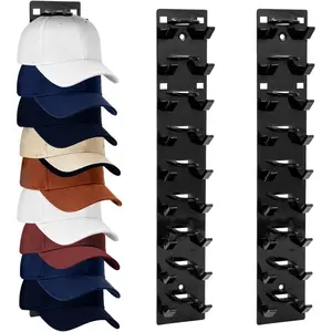 2 Pack Black Hat Organizer - Hat Rack for Wall & Cap Organizer,  Adhesive Multilayer Storage Holder, Wall Mounted Hooks Hold 18 Hats, Easy to Install for Bedroom & Closet Door