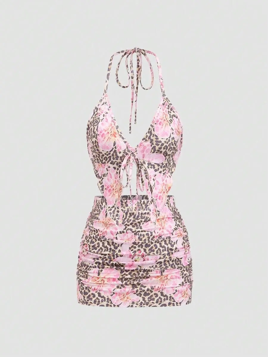 HERMIA 2pcs/Set Women's Leopard Floral Print V-Neck Backless Tied Halter Top And Ruched Mini Skirt,Pink And Brown Summer Boho Holiday Vacation Holiday
