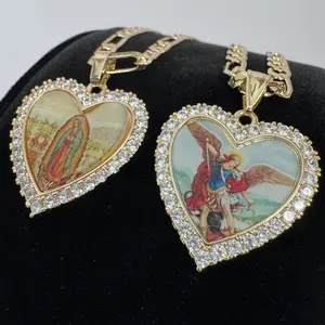 Virgen Mary Saint Michael Medals Heart Necklace 14k Gold Plated