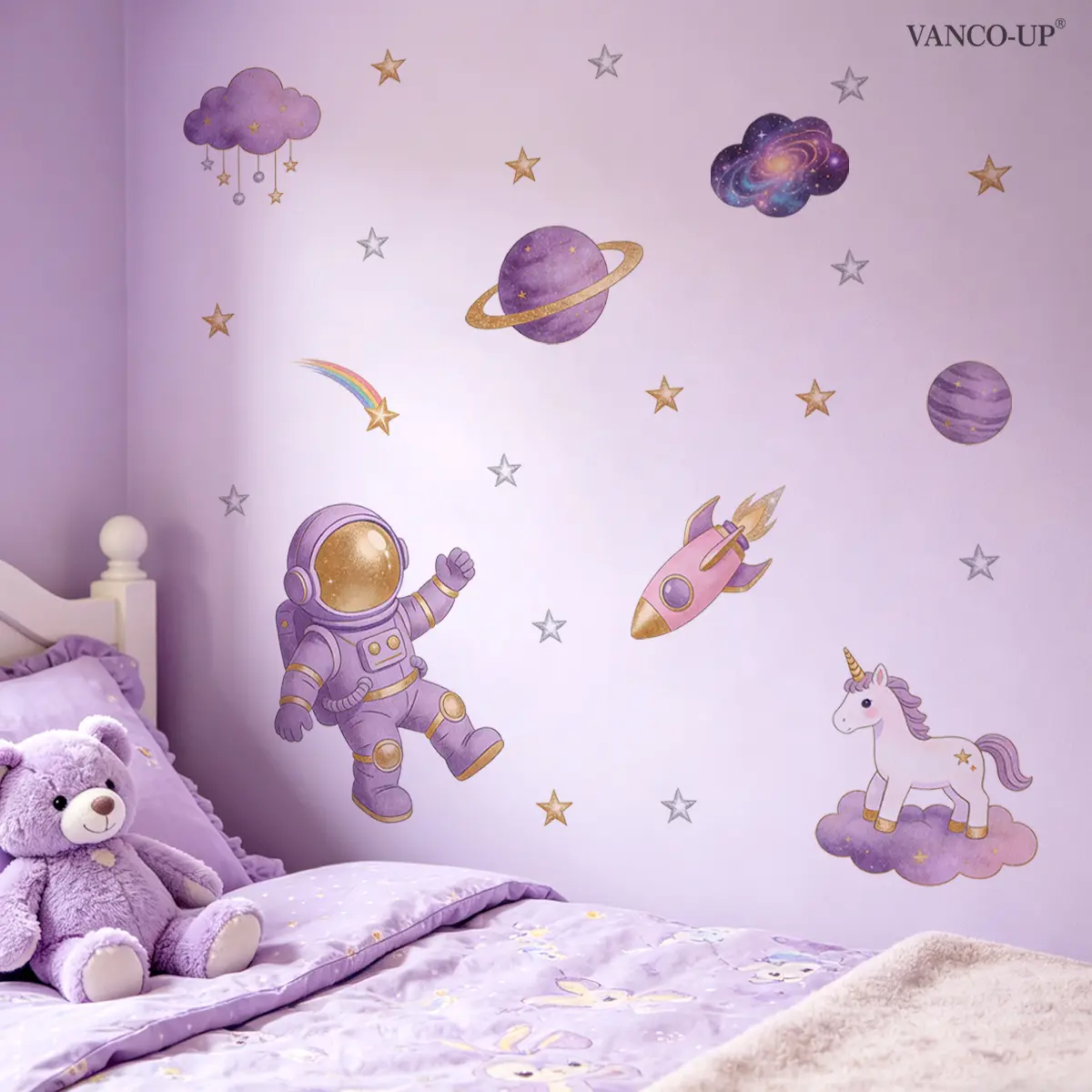 1Pc (30*90cm) Purple Space Themed Wall Sticker, Astronaut Unicorn Planet Decal for Kids Home Bedroom Decor