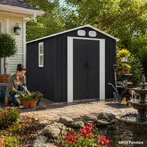 ARCH Campcraft 8x6 FT Waterproof Metal Tool Shed, Steel Backyard & Durable Garden Storage Shed with Lockable Doors, Air Vents for Backyard Garden Patio, Dark Gray, Steel Backyard Shed, Waterproof Metal Shed