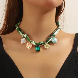 Long Fabric Necklace Light Luxury High-End Multi-Pendant Pearl Colorful Silk Scarf Necklace with Geometric Pendants and Electroplated Alloy Pendants